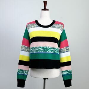 Cabi Cropped Marled Striped Colorful Crewneck Sweater